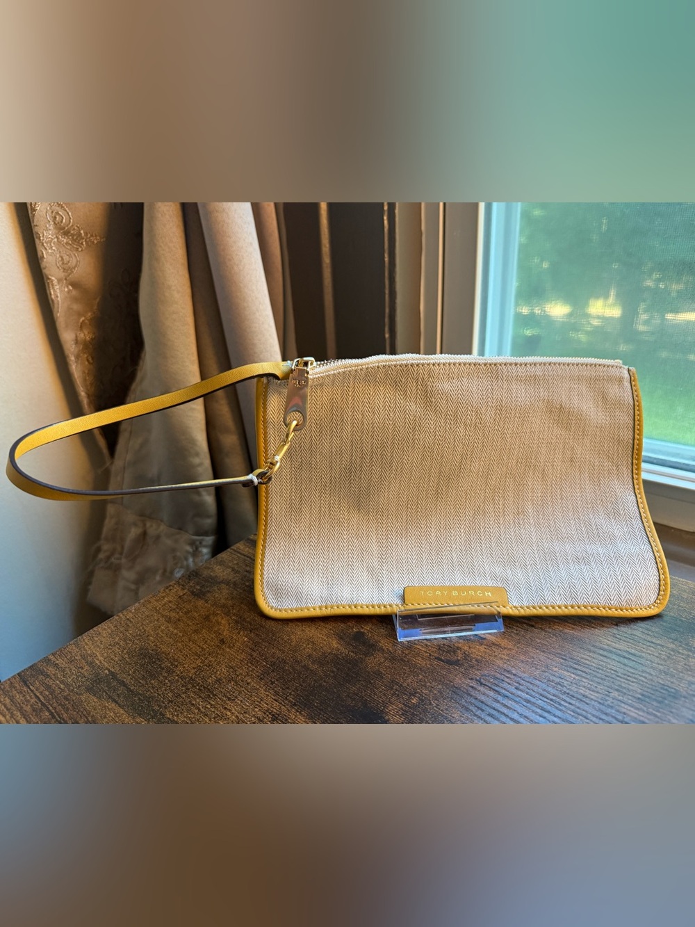 Tory Burch Beige Canvas Wristlet with Yellow Trim